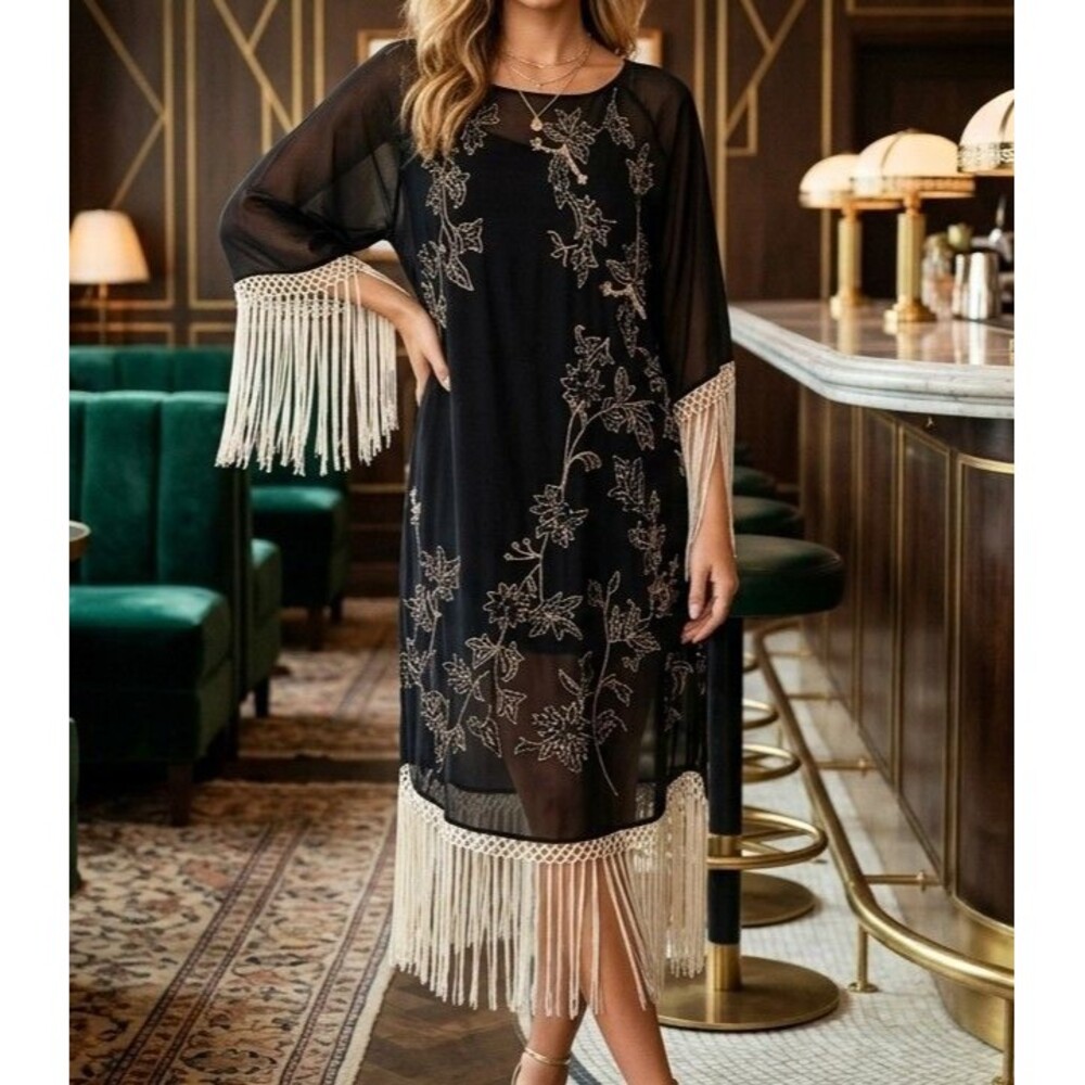 Uterque Kaftan Fringes Embroidered Midi Dress Beaded Embellished Black S 267181